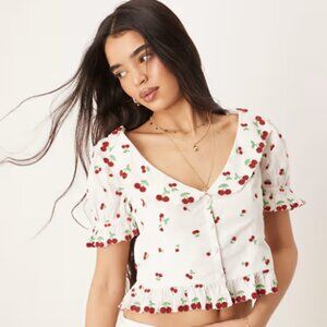 For Love And Lemons Cherry Print Blouse - White and Red